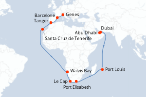 Carte itinéraire croisière Emirats Arabes Unis, Maurice, Afrique du Sud, Namibie, Maroc, Espagne, Italie - 35 jours au départ de Abu Dhabi - Moyen-Orient Dubaï