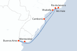 Carte itinéraire croisière Argentine, Uruguay, Brésil - 9 jours au départ de Buenos Aires - Amérique du Sud