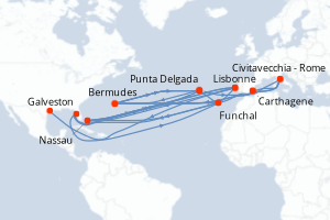 Carte itinéraire croisière Italie, États-Unis, Espagne, Portugal, Bahamas - 14 jours au départ de Galveston - Caraïbes Mexique
