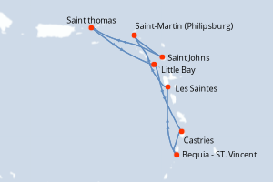 Carte itinéraire croisière Pays-Bas, Antigua-et-Barbuda, États-Unis, Royaume-Uni, Sainte-Lucie, Saint Vincent-et-les-Grenadines, France - 7 jours au départ de Saint-Martin (Philipsburg) - Caraïbes Bahamas