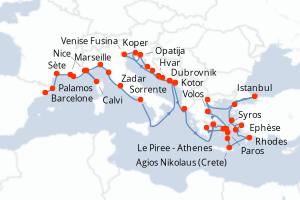 Carte itinéraire croisière Espagne, France, Monaco, Italie, Monténégro, Croatie, Slovénie, Grèce, Turquie - 44 jours au départ de Barcelone - Méditerranée