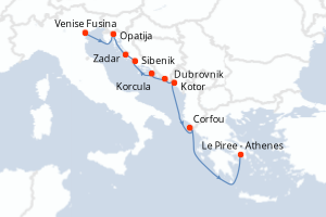 Carte itinéraire croisière Italie, Croatie, Monténégro, Grèce - 9 jours au départ de Venise Fusina - Méditerranée