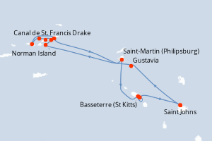 Carte itinéraire croisière Antigua à Antigua - 7 jours au départ de Saint Johns - Caraïbes Bahamas