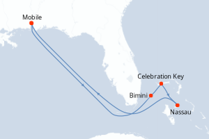 Carte itinéraire croisière États-Unis, Bahamas - 7 jours au départ de Mobile - Caraïbes Mexique