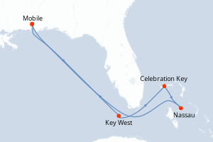 Carte itinéraire croisière États-Unis, Bahamas - 7 jours au départ de Mobile - Caraïbes Mexique