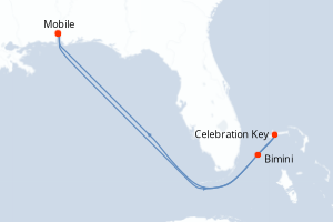 Carte itinéraire croisière États-Unis, Bahamas - 6 jours au départ de Mobile - Caraïbes Mexique