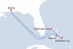 Carte itinéraire croisière États-Unis, Bahamas - 8 jours au départ de Mobile - Caraïbes Mexique