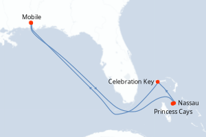 Carte itinéraire croisière États-Unis, Bahamas - 8 jours au départ de Mobile - Caraïbes Mexique
