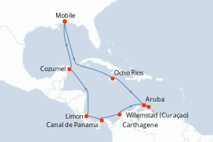 Carte itinéraire croisière États-Unis, Jamaïque, Pays-Bas, Colombie, Panama, Costa Rica, Mexique - 14 jours au départ de Mobile - Caraïbes Mexique