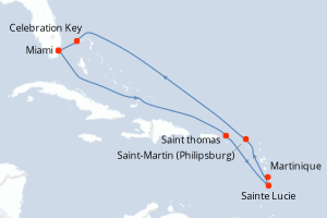 Carte itinéraire croisière États-Unis, Sainte-Lucie, France, Pays-Bas, Bahamas - 11 jours au départ de Miami - Caraïbes Bahamas