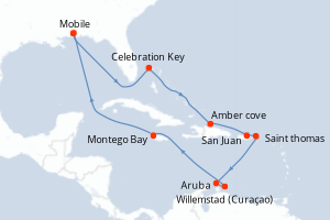 Carte itinéraire croisière États-Unis, Bahamas, République Dominicaine, Porto Rico, Pays-Bas, Jamaïque - 14 jours au départ de Mobile - Caraïbes Mexique