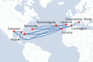 Carte itinéraire croisière Italie, Espagne, Portugal, Bahamas, États-Unis - 14 jours au départ de Civitavecchia - Rome - Caraïbes Mexique