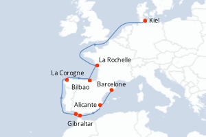 Carte itinéraire croisière Espagne, Royaume-Uni, France, Allemagne - 10 jours au départ de Barcelone - Europe du Nord