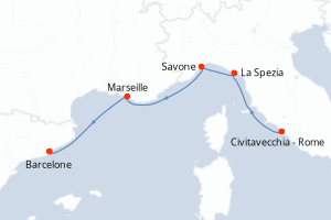 Carte itinéraire croisière Italie, France, Espagne - 4 jours au départ de Civitavecchia - Rome - Méditerranée