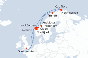 Carte itinéraire croisière Royaume-Uni, Norvège - 14 jours au départ de Southampton - Europe du Nord