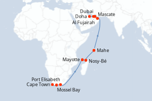 Carte itinéraire croisière Afrique du Sud, France, Madagascar, Seychelles, Oman, Emirats Arabes Unis, Qatar - 19 jours au départ de Cape Town - Mer Rouge Océan Indien
