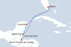 Carte itinéraire croisière États-Unis, Belize, Guatemala, Mexique - 7 jours au départ de Miami - Caraïbes Bahamas