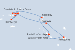 Carte itinéraire croisière Antigua à Antigua - 7 jours au départ de Saint Johns - Caraïbes Bahamas