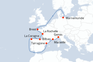 Carte itinéraire croisière Italie, Espagne, France, Allemagne - 11 jours au départ de Genes - Europe du Nord