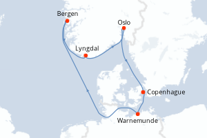 Carte itinéraire croisière Danemark, Allemagne, Norvège - 7 jours au départ de Copenhague - Europe du Nord