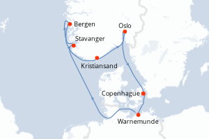 Carte itinéraire croisière Danemark, Allemagne, Norvège - 7 jours au départ de Copenhague - Europe du Nord