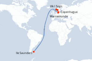 Carte itinéraire croisière Danemark, Allemagne, Norvège, Îles Malouines - 7 jours au départ de Copenhague - Europe du Nord