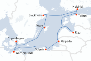 Carte itinéraire croisière Danemark, Allemagne, Pologne, Lituanie, Lettonie, Estonie, Finlande, Suède - 11 jours au départ de Copenhague - Europe du Nord