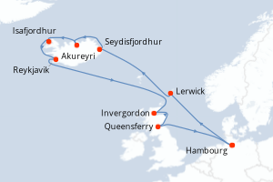 Carte itinéraire croisière Allemagne, Islande, Royaume-Uni - 12 jours au départ de Hambourg - Europe du Nord