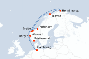 Carte itinéraire croisière Allemagne, Norvège - 12 jours au départ de Hambourg - Europe du Nord