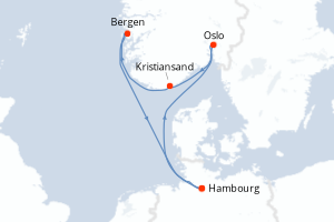 Carte itinéraire croisière Allemagne, Norvège - 7 jours au départ de Hambourg - Europe du Nord
