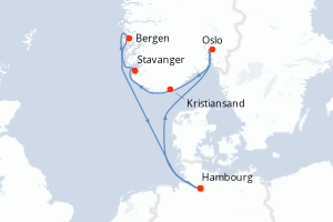 Carte itinéraire croisière Allemagne, Norvège - 7 jours au départ de Hambourg - Europe du Nord