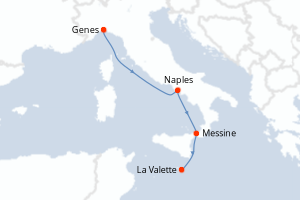 Carte itinéraire croisière Italie, Malte - 3 jours au départ de Genes - Méditerranée