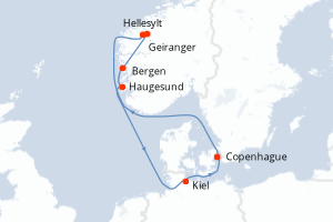 Carte itinéraire croisière Danemark, Norvège, Allemagne - 7 jours au départ de Copenhague - Europe du Nord