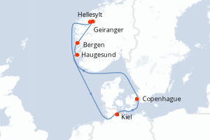 Carte itinéraire croisière Allemagne, Danemark, Norvège - 7 jours au départ de Kiel - Europe du Nord
