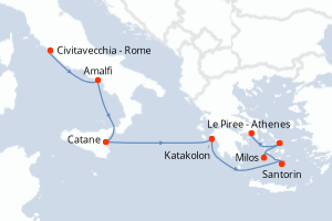 Carte itinéraire croisière Italie, Grèce - 7 jours au départ de Civitavecchia - Rome - Méditerranée