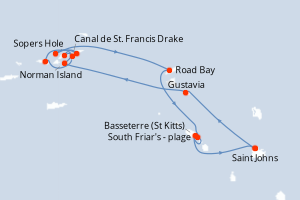 Carte itinéraire croisière Antigua à Antigua - 7 jours au départ de Saint Johns - Caraïbes Bahamas