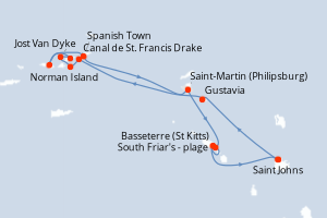 Carte itinéraire croisière Antigua à Antigua - 7 jours au départ de Saint Johns - Caraïbes Bahamas