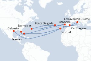 Carte itinéraire croisière Italie, Espagne, Portugal, Bahamas, États-Unis - 14 jours au départ de Galveston - Caraïbes Mexique