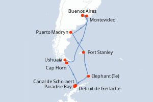 Carte itinéraire croisière Argentine, Chili, Antarctique, Îles Malouines, Uruguay - 14 jours au départ de Buenos Aires - Amérique du Sud