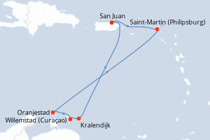 Carte itinéraire croisière Porto Rico, Pays-Bas, Aruba - 7 jours au départ de San Juan - Caraïbes Bahamas