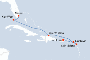 Carte itinéraire croisière Porto Rico, Antigua-et-Barbuda, Royaume-Uni, République Dominicaine, États-Unis - 7 jours au départ de San Juan - Caraïbes Bahamas