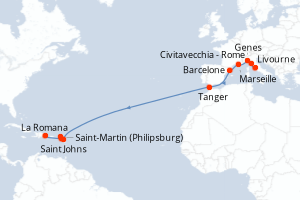 Carte itinéraire croisière Italie, France, Espagne, Maroc, Antigua-et-Barbuda, Pays-Bas, Royaume-Uni, République Dominicaine - 18 jours au départ de Civitavecchia - Rome - Transatlantique