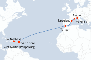 Carte itinéraire croisière Italie, France, Espagne, Maroc, Antigua-et-Barbuda, Pays-Bas, Royaume-Uni, République Dominicaine - 16 jours au départ de Genes - Transatlantique