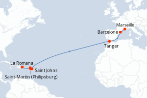 Carte itinéraire croisière France, Espagne, Maroc, Antigua-et-Barbuda, Pays-Bas, Royaume-Uni, République Dominicaine - 15 jours au départ de Marseille - Transatlantique