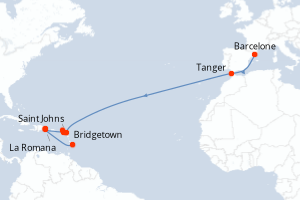 Carte itinéraire croisière Espagne, Maroc, Antigua-et-Barbuda, Pays-Bas, Royaume-Uni, République Dominicaine, Barbade - 17 jours au départ de Barcelone - Transatlantique