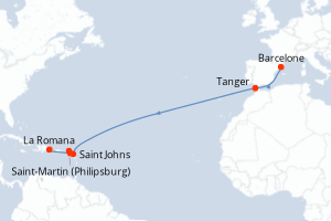 Carte itinéraire croisière Espagne, Maroc, Antigua-et-Barbuda, Pays-Bas, Royaume-Uni, République Dominicaine - 14 jours au départ de Barcelone - Transatlantique