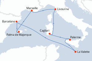 Carte itinéraire croisière Malte, Espagne, France, Italie - 8 jours au départ de La Valette - Méditerranée