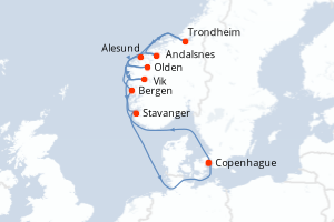 Carte itinéraire croisière Danemark, Norvège - 10 jours au départ de Copenhague - Europe du Nord