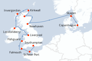 Carte itinéraire croisière Danemark, Royaume-Uni, Irlande - 12 jours au départ de Copenhague - Europe du Nord