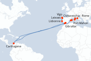 Carte itinéraire croisière Portugal, Espagne, Royaume-Uni, Colombie, Italie, France - 12 jours au départ de Lisbonne - Méditerranée